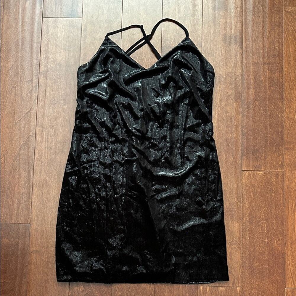 Futuristic and Chic, Lush LBD Shiny Velvet Spaghetti Strap Dress, Size Medium